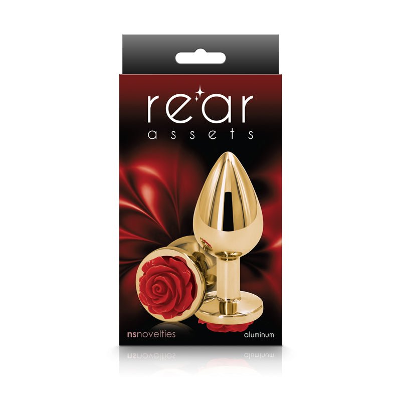 Rear Assets Rose - Medium Gold 8.9 cm Metal Butt Plug with Red Rose Base