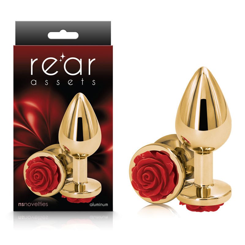 Rear Assets Rose Gold - Medium 8.9 cm with Red Rose Base Metal Butt Plug