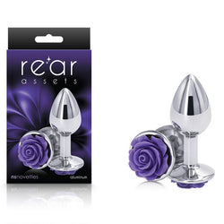 Rear Assets Rose - Small - Chrome 7.6 cm Metal Butt Plug with Purple Rose Base