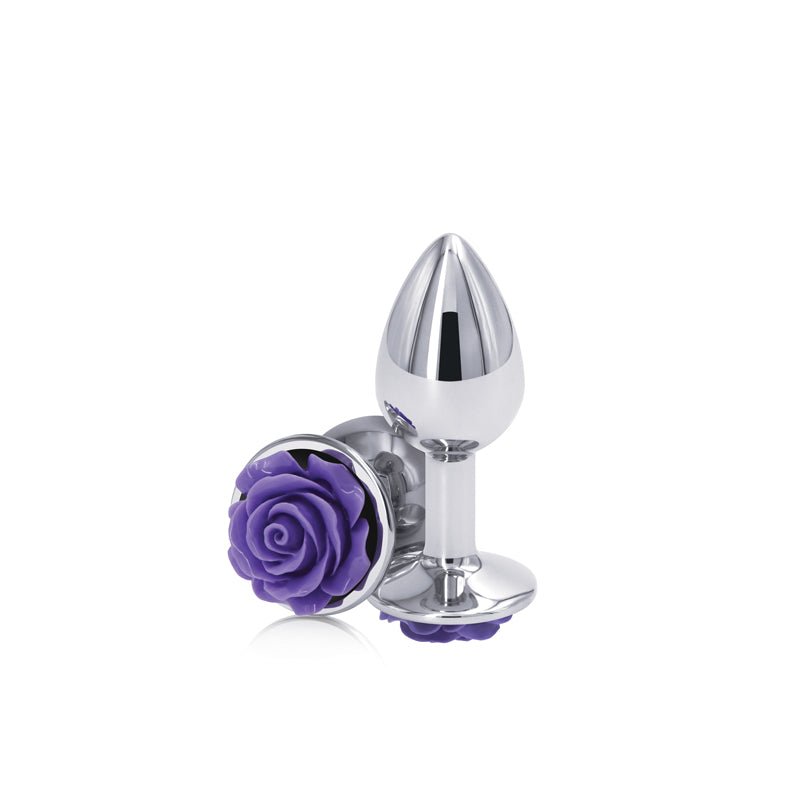 Rear Assets Rose - Small - Chrome 7.6 cm Metal Butt Plug with Purple Rose Base