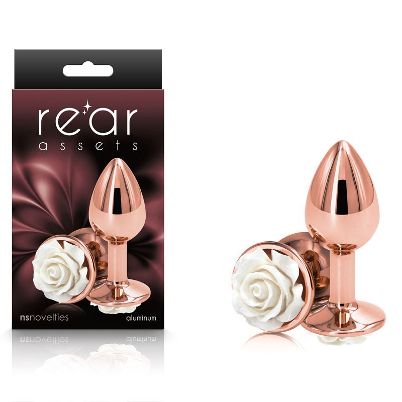 Rear Assets Rose Gold - Small 7.6 cm with White Rose Base Metal Butt Plug