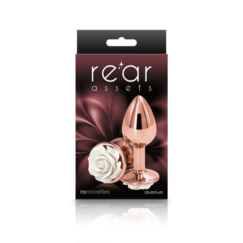 Rear Assets Rose Gold - Small 7.6 cm with White Rose Base Metal Butt Plug