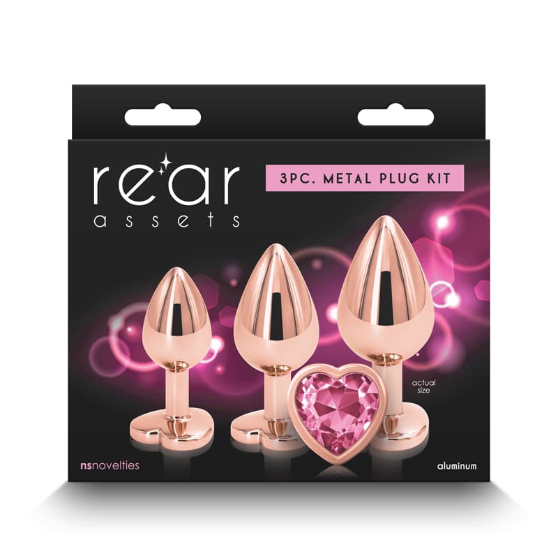 Rear Assets Trainer Kit - Pink Heart - Metallic Butt Plugs with Pink Hearts - Set of 3 Sizes