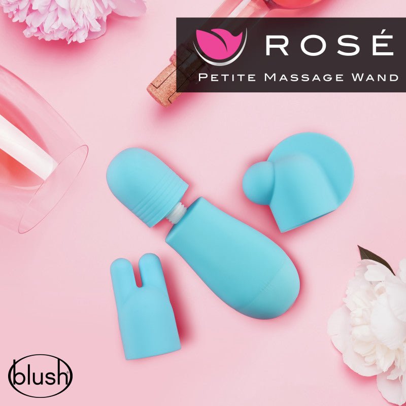 Rose Petite Massage Wand - Blue - Blue Mini Massager Wand with Head Attachments