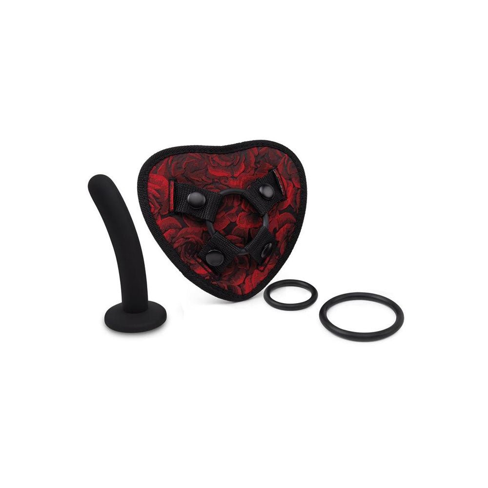 Secret Kisses ROSEGASM STRAP - ON HARNESS with Dildo - Red/Black Heart - Shaped Strap - On with 5'' Dildo