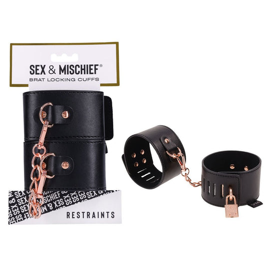 Sex & Mischief Brat Locking Cuffs Black/Rose Gold