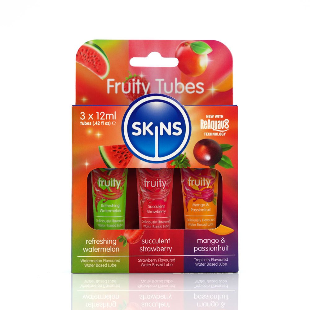 Skins Fruity Tubes - Watermelon, Strawberry, & Mango & Passionfruit Flavoured Lubricants - 12 ml Bottles