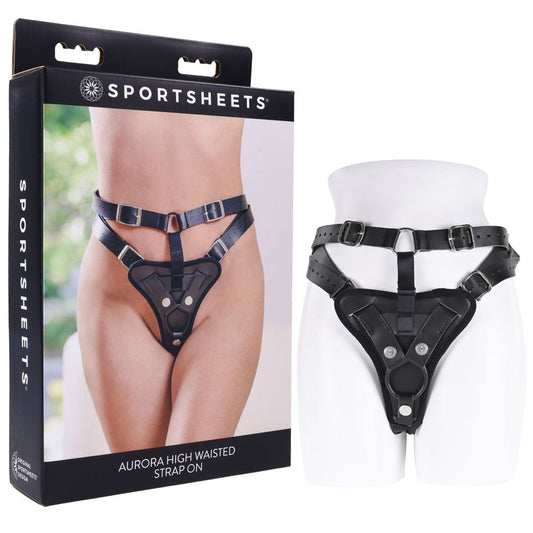 SPORTSHEETS Aurora High Waisted Strap On Harness Black Adjustable (no probe)