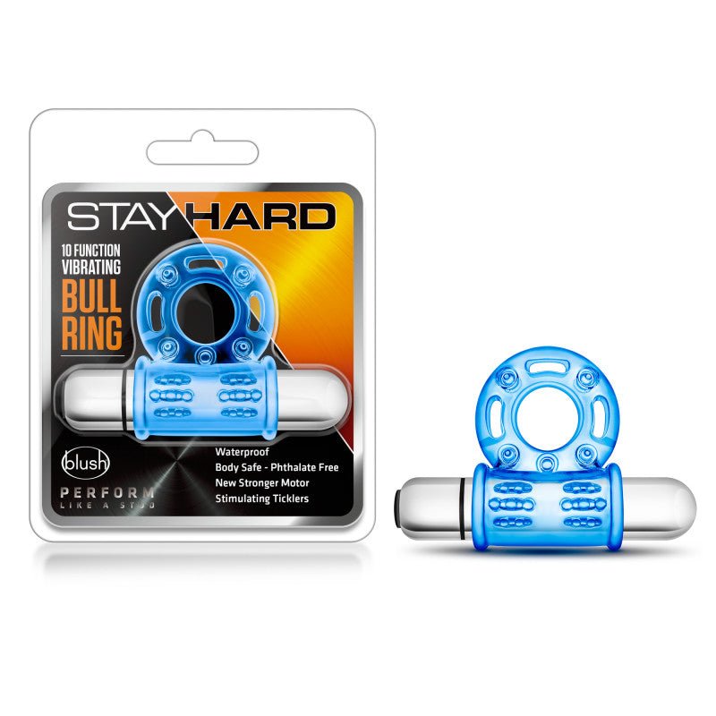 Stay Hard 10-Function Vibrating Bull Ring Blue Cock Ring