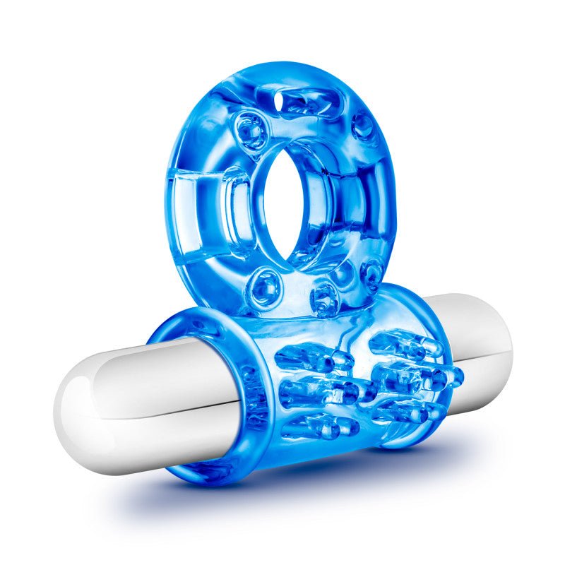 Stay Hard 10-Function Vibrating Bull Ring Blue Cock Ring