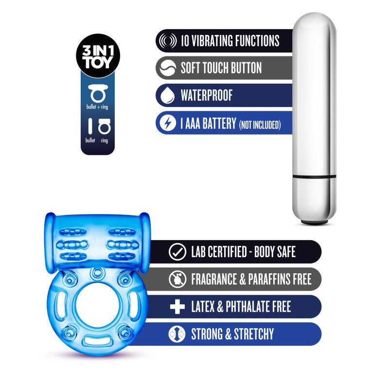 Stay Hard 10-Function Vibrating Bull Ring Blue Cock Ring