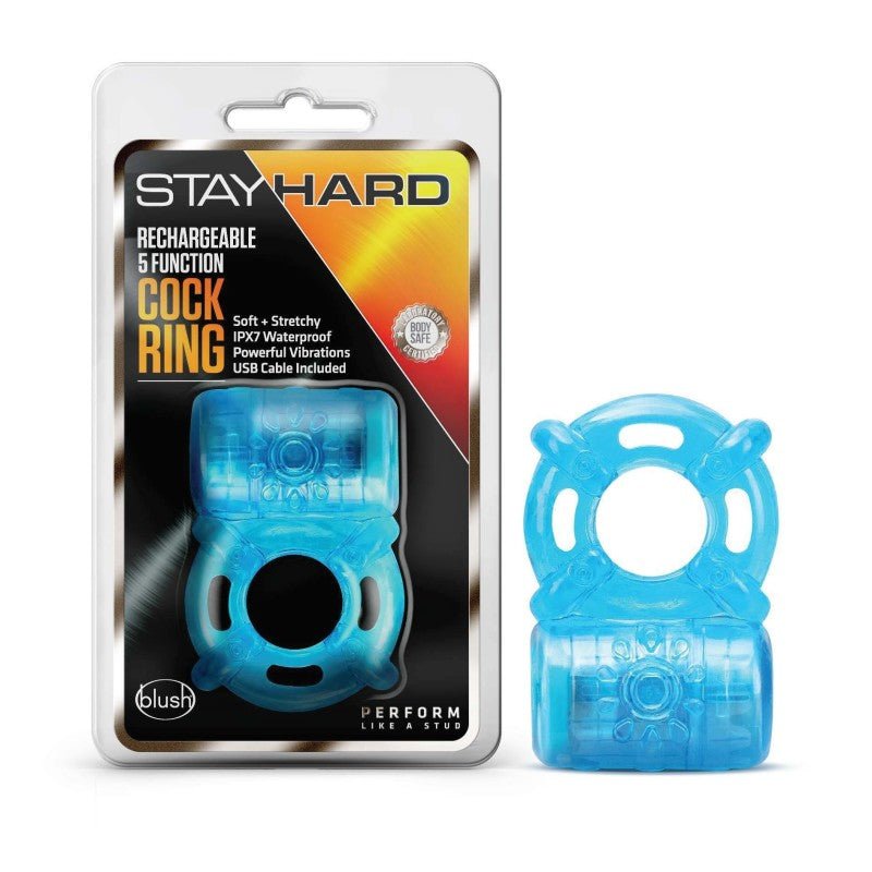 Stay Hard Rechargeable 5 Function Cock Ring - Blue USB Rechargeable Vibrating Cock Ring