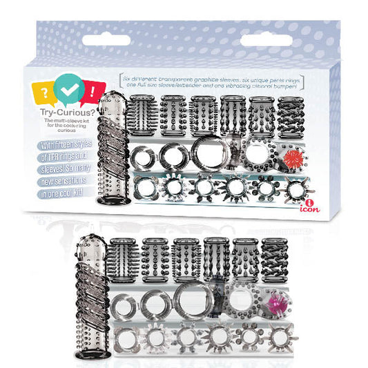 Try - Curious Cock Ring & Sleeve Set - Clear - 15 Piece Set