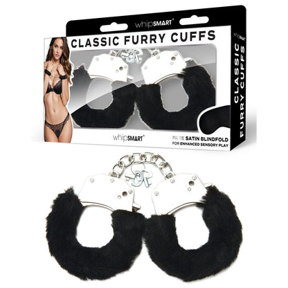 WhipSmart Classic Furry Cuffs - Black Furry Restraints with Bonus Eye Mask