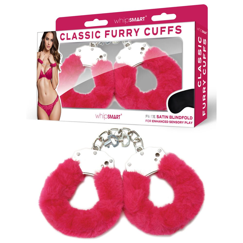 WhipSmart Classic Furry Cuffs - Hot Pink Furry Restraints with Bonus Eye Mask