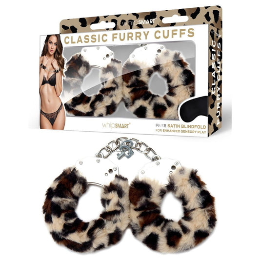 WhipSmart Classic Furry Cuffs - Leopard Furry Restraints with Bonus Eye Mask