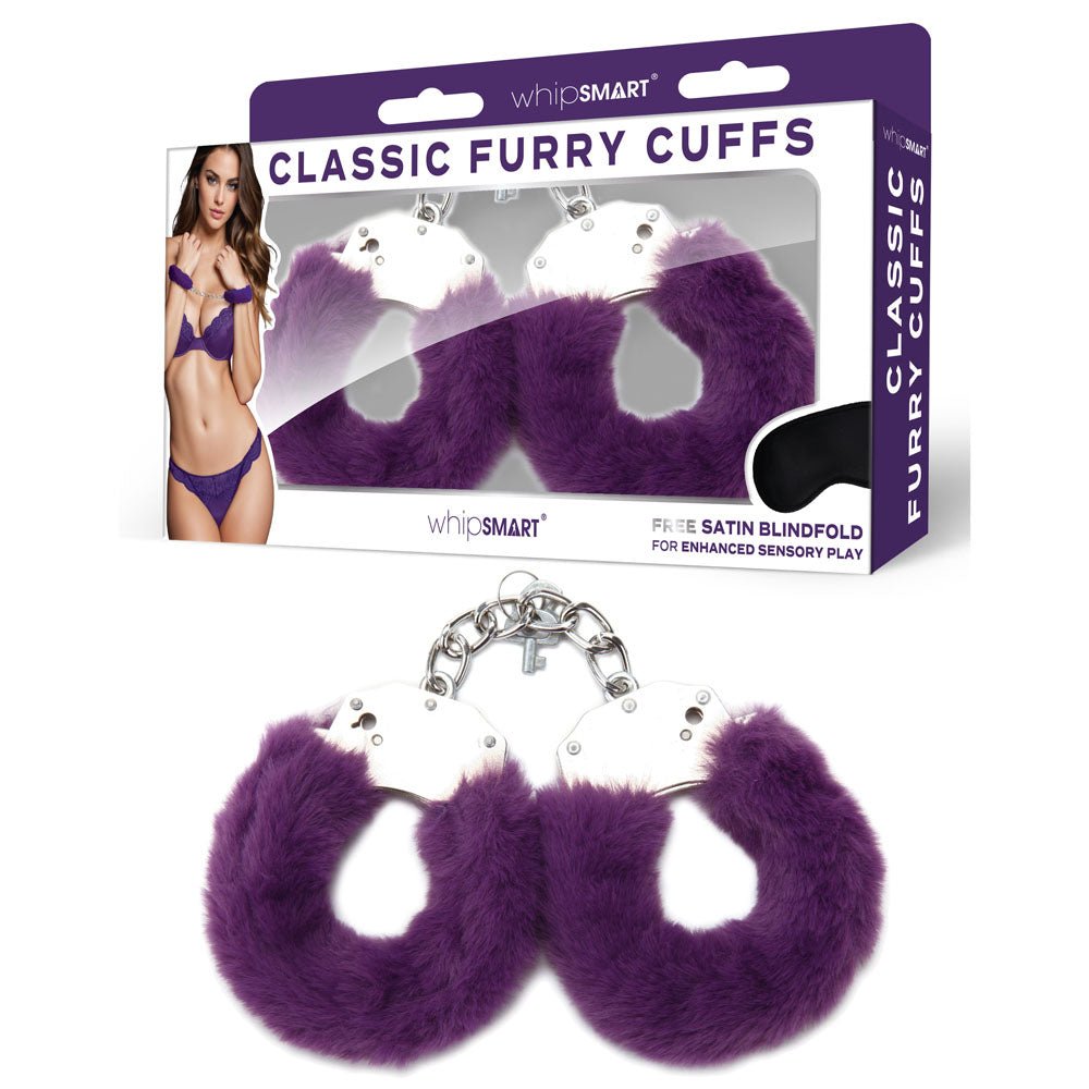 WhipSmart Classic Furry Cuffs - Purple Furry Restraints with Bonus Eye Mask