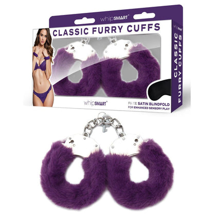 WhipSmart Classic Furry Cuffs - Purple Furry Restraints with Bonus Eye Mask