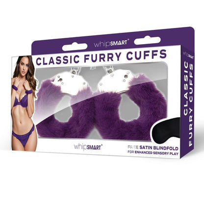 WhipSmart Classic Furry Cuffs - Purple Furry Restraints with Bonus Eye Mask