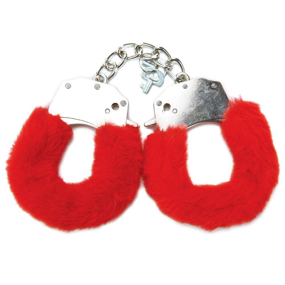 WhipSmart Classic Furry Cuffs - Red Furry Restraints with Bonus Eye Mask