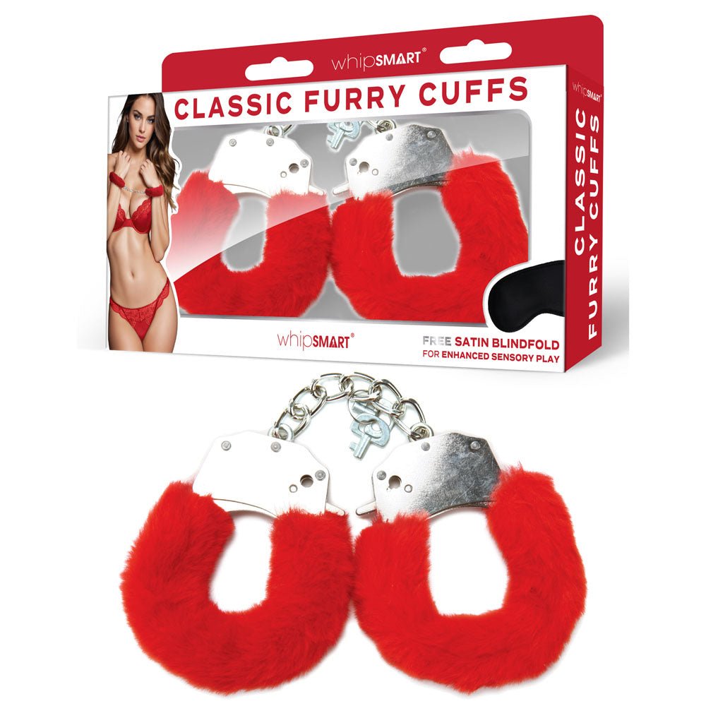 WhipSmart Classic Furry Cuffs - Red Furry Restraints with Bonus Eye Mask