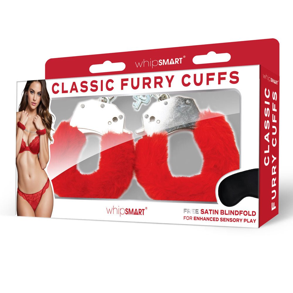 WhipSmart Classic Furry Cuffs - Red Furry Restraints with Bonus Eye Mask