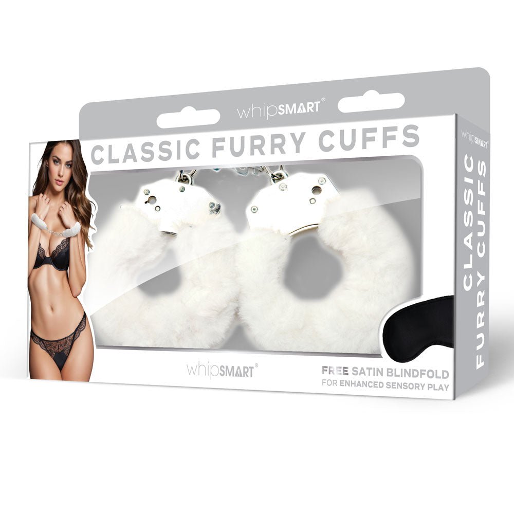 WhipSmart Classic Furry Cuffs - White Furry Restraints with Bonus Eye Mask