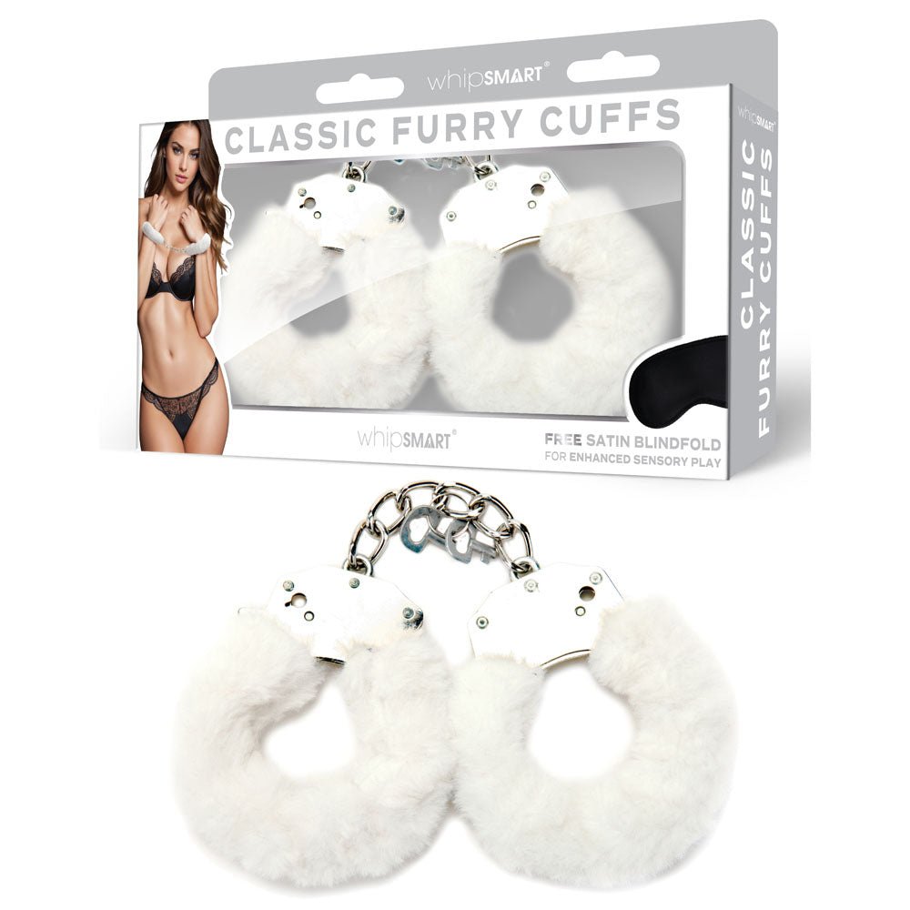 WhipSmart Classic Furry Cuffs - White Furry Restraints with Bonus Eye Mask