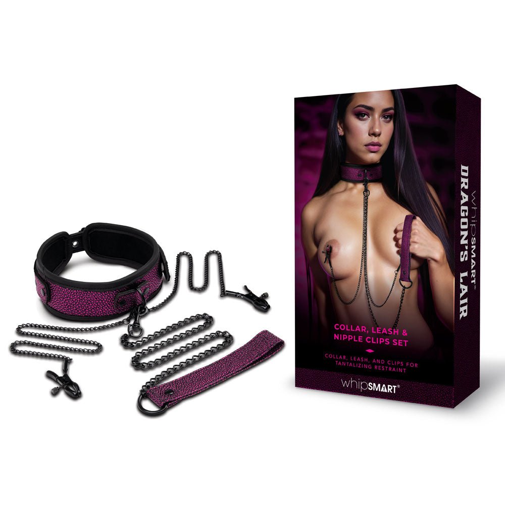 WhipSmart Dragons Lair Collar, Leash & Nipple Clips Set Purple/Black Restraints