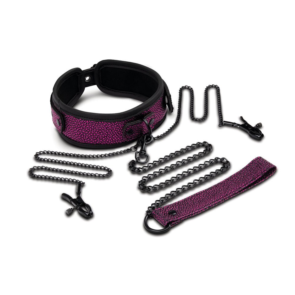 WhipSmart Dragons Lair Collar, Leash & Nipple Clips Set Purple/Black Restraints