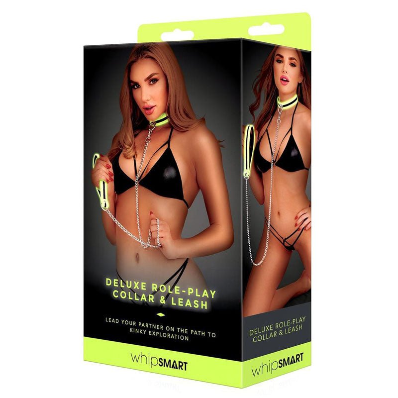 WhipSmart Glow Deluxe Role - Play Collar and Leash - Glow in the Dark Restraints