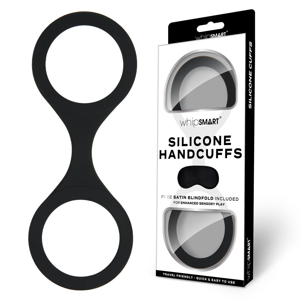 WhipSmart Silicone Handcuffs - Black Restraint with Bonus Blindfold