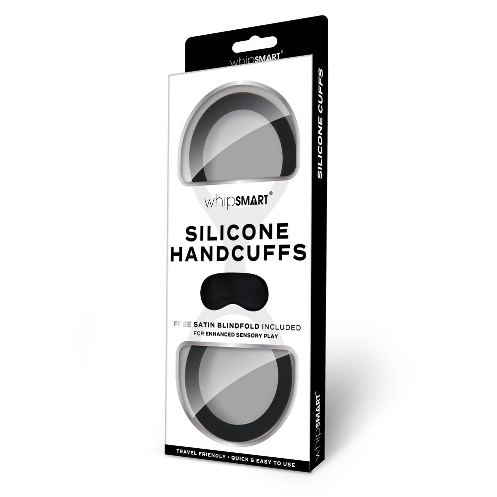 WhipSmart Silicone Handcuffs - Black Restraint with Bonus Blindfold