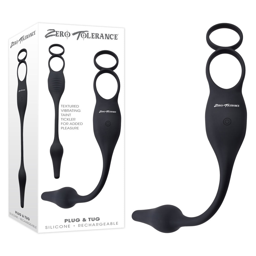 Zero Tolerance PLUG & TUG Black Rechargeable Vibrating Cock Ring with Anal Plug