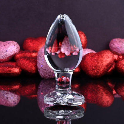 Adam & Eve RED HEART GEM GLASS PLUG LARGE - Clear Glass 9.5 cm Butt Plug with Red Heart Gem Base