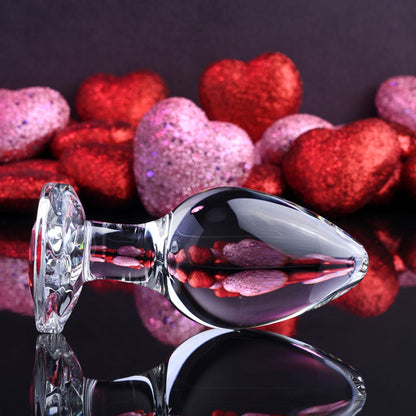 Adam & Eve RED HEART GEM GLASS PLUG LARGE - Clear Glass 9.5 cm Butt Plug with Red Heart Gem Base