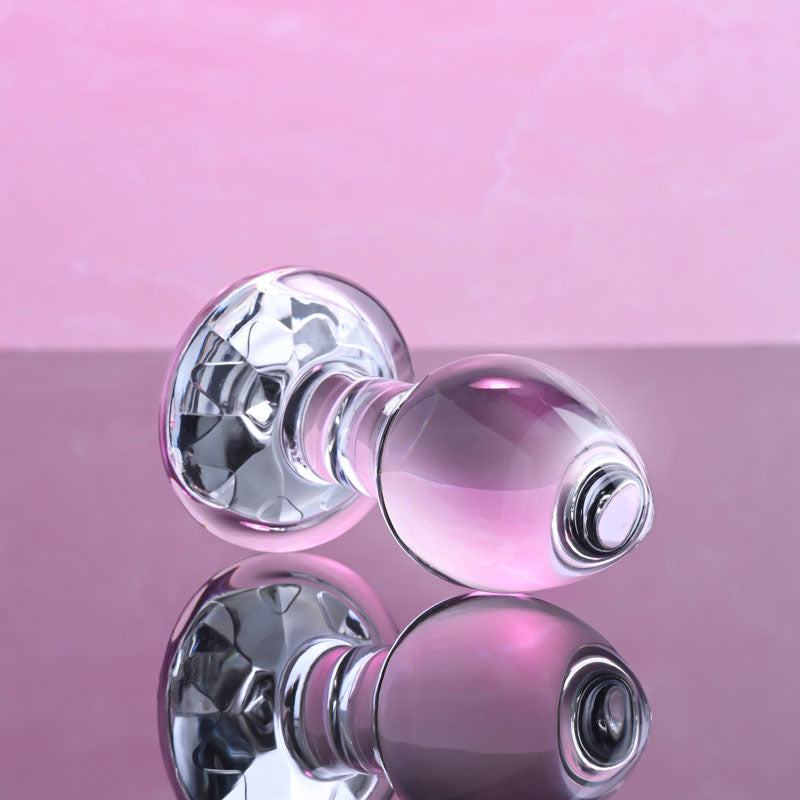Adam & Eve PINK GEM GLASS PLUG SMALL - Clear Glass 7.4 cm Butt Plug with Pink Gem Base