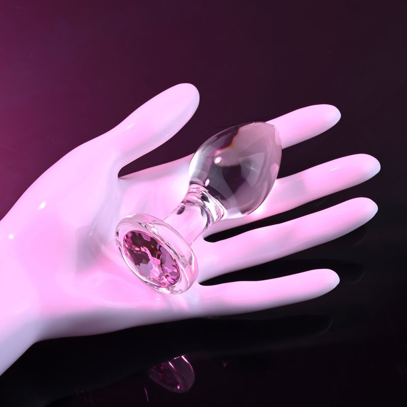 Adam & Eve PINK GEM GLASS PLUG MEDIUM - Clear Glass 8.7 cm Butt Plug with Pink Gem Base