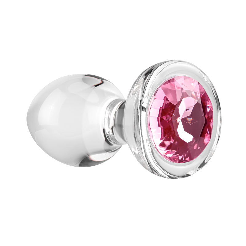 Adam & Eve PINK GEM GLASS PLUG MEDIUM - Clear Glass 8.7 cm Butt Plug with Pink Gem Base