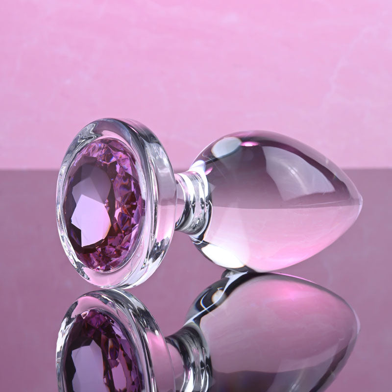 Adam & Eve PINK GEM GLASS PLUG LARGE - Clear Glass 9.8 cm Large Butt Plug with Pink Gem Base
