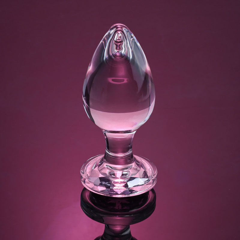 Adam & Eve PINK GEM GLASS PLUG LARGE - Clear Glass 9.8 cm Large Butt Plug with Pink Gem Base