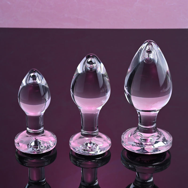 Adam & Eve PINK GEM GLASS PLUG SET - Clear Glass Butt Plugs - Set of 3 Sizes