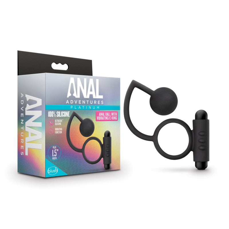 Anal Adventures Platinum Anal Ball & Vibrating C-Ring - Black Vibrating Cock Ring with Anal Ball