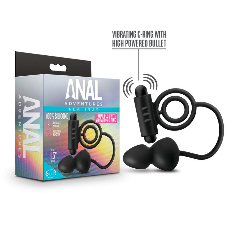 Anal Adventures Platinum Anal Plug & Vibrating C-Ring - Black Vibrating Cock Ring with Anal Plug