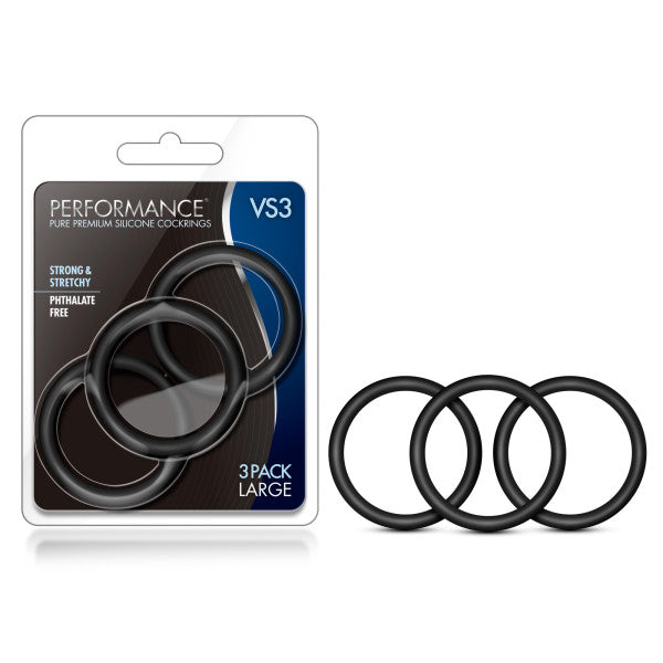 Performance VS3 Pure Premium Silicone Cockrings - Black Large Cock Rings - Set of 3