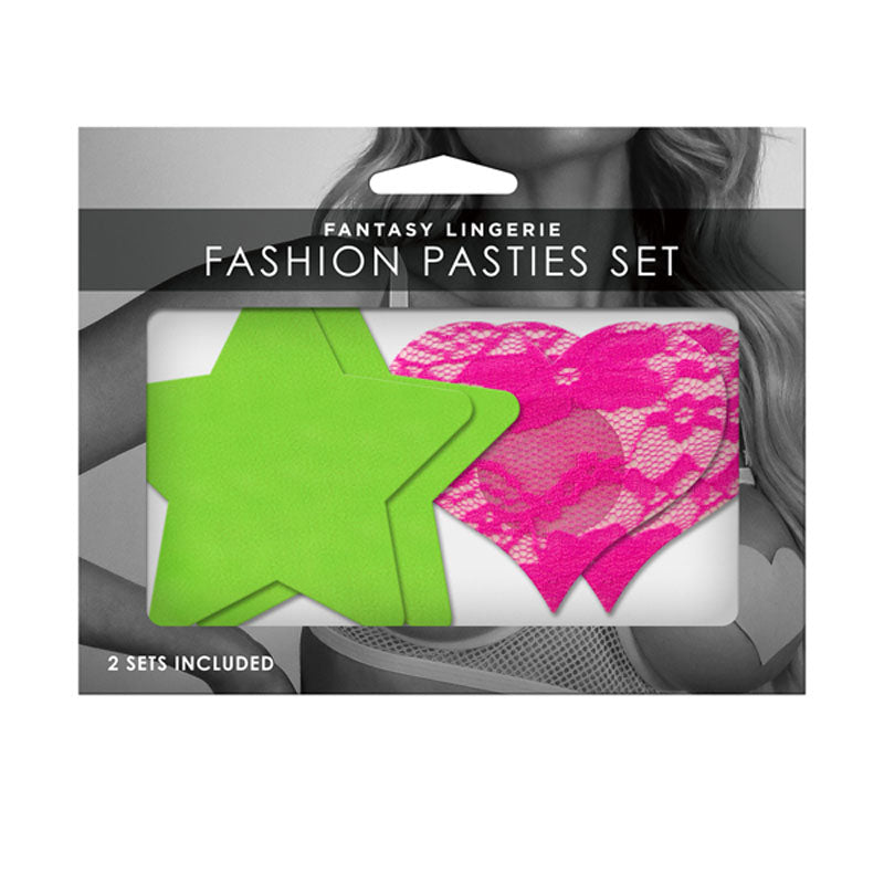 GLOW Fashion Pasties Set - Solid Neon Green & Pink - 2 Sets Included