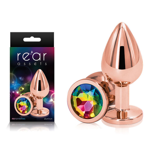 Rear Assets Rose Gold Medium Rose Gold Metal Butt Plug with Rainbow Gem Base