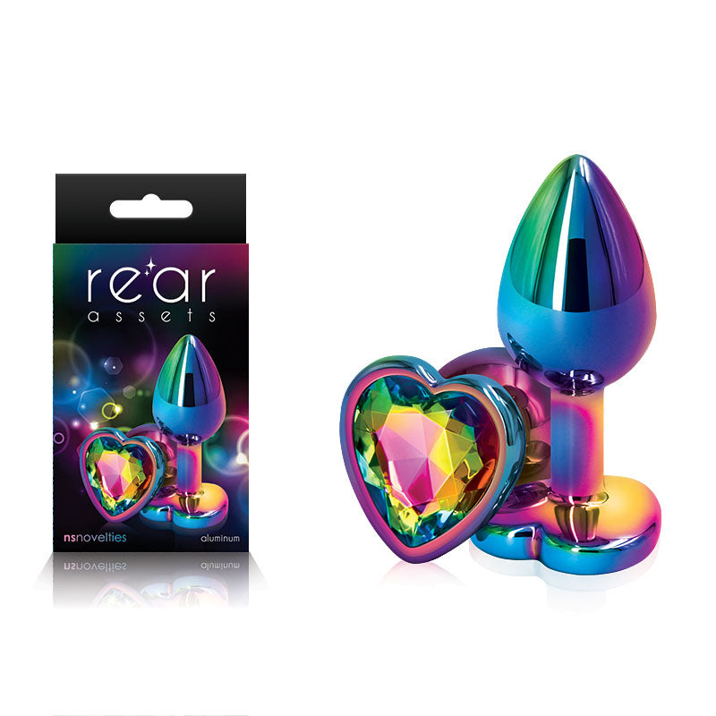 Rear Assets Multi Coloured Heart - Multi Coloured Small Metal Butt Plug with Rainbow Heart Gem Base