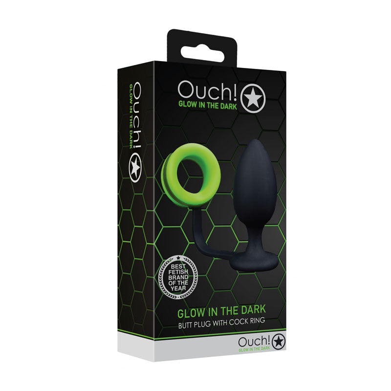 OUCH! Glow In The Dark Butt Plug with Cock Ring - Black 9.8 cm Butt Plug with Glow in Dark Cock Ring