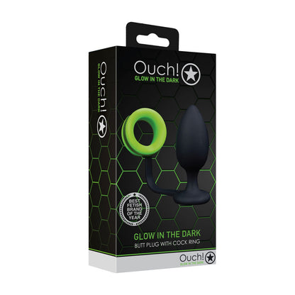 OUCH! Glow In The Dark Butt Plug with Cock Ring - Black 9.8 cm Butt Plug with Glow in Dark Cock Ring